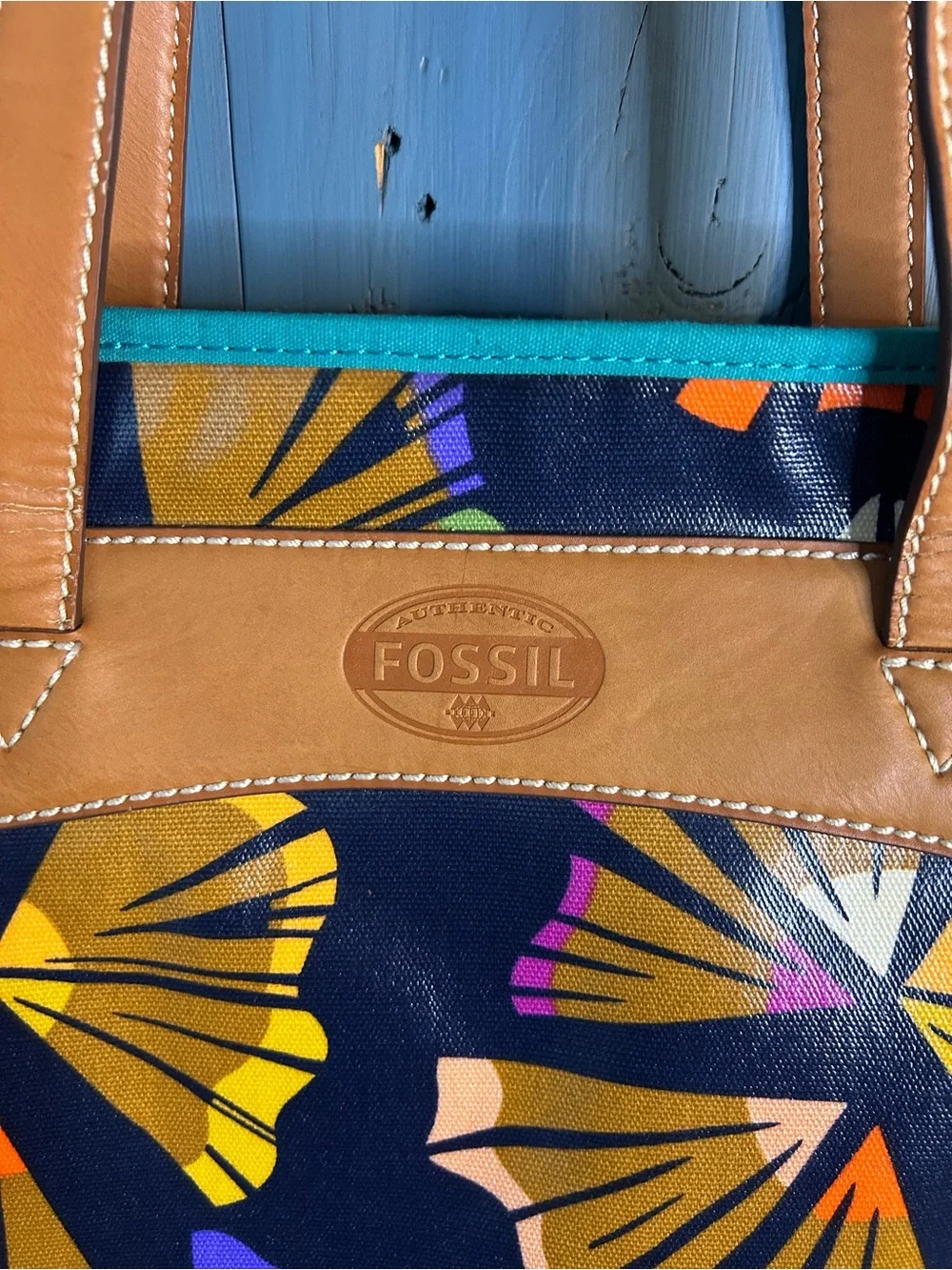 Fossil Navy Floral Fan-Print Tote with Tan Handles and Teal Trim - Picture 3 of 14